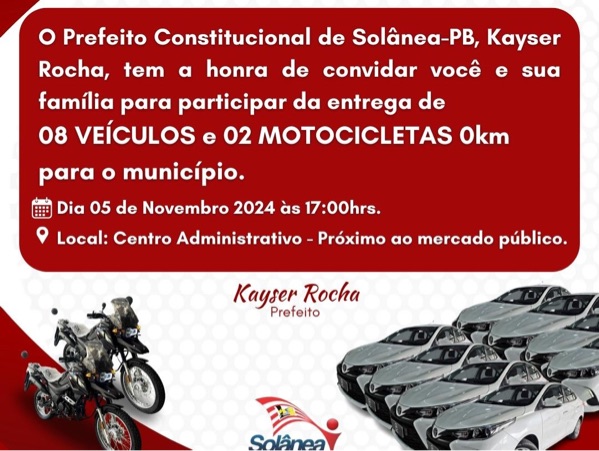 Governo de Solânea entrega 8 veículos e 2 motocicletas no próximo dia 05.