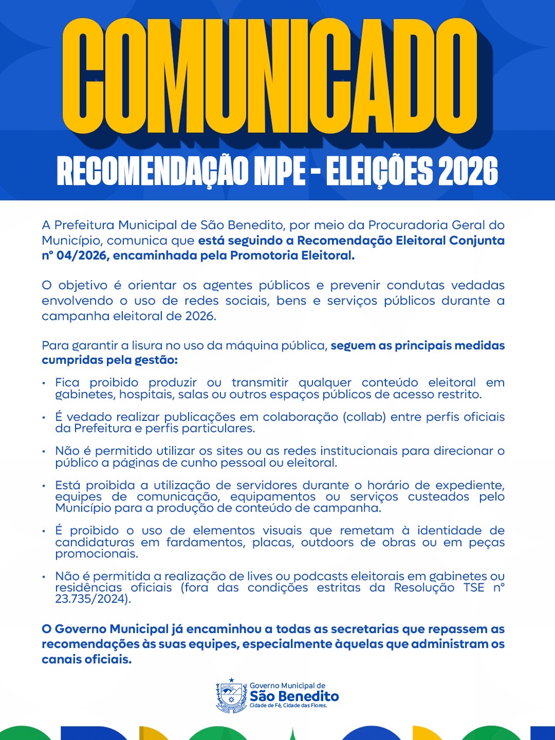 Comunicado
Recomendação MPE
Eleições 2026