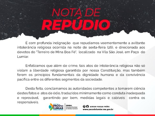 SEMDHU emite nota de repúdio contra intolerância religiosa sofrida em terreiro na Vila São José 